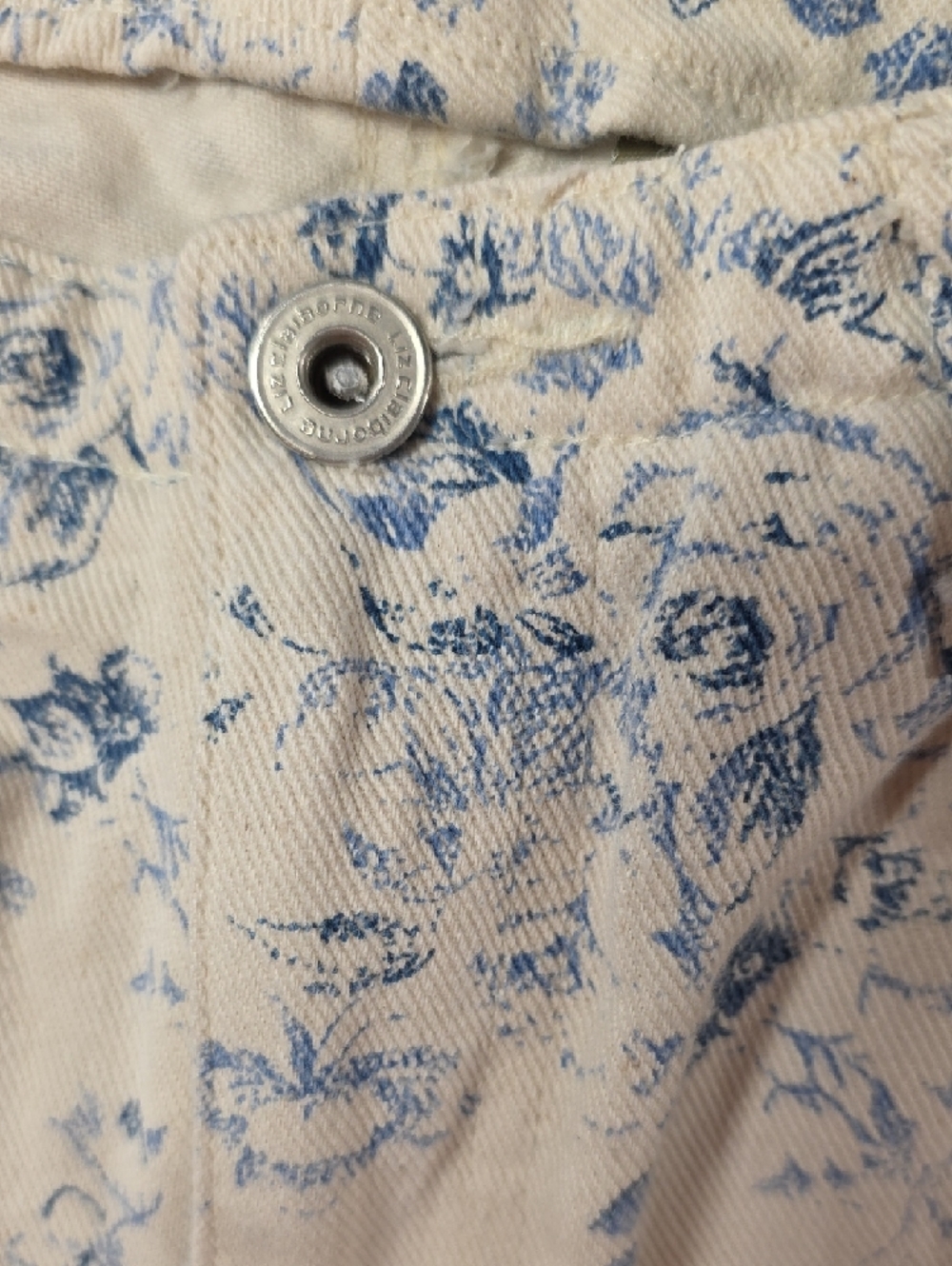 Lizwear Vintage Cream Blue Floral Toile Print Straight Leg Jeans 100% Cotton - Picture 8 of 11